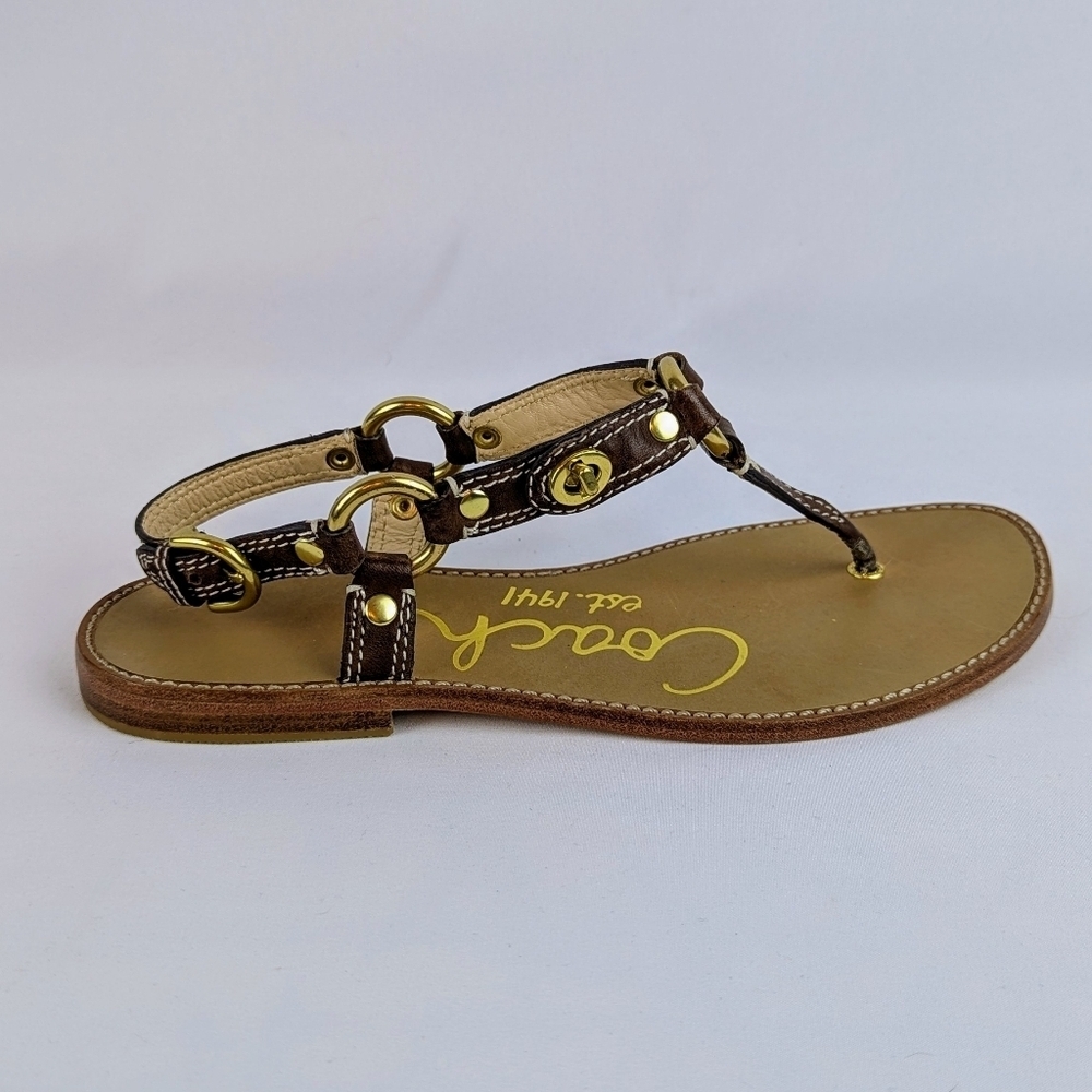 Coach Raiven Sandal Leather Flat Thong Ankle Strap Goldtone Tobacco 8.5 NWOB - Picture 4 of 14